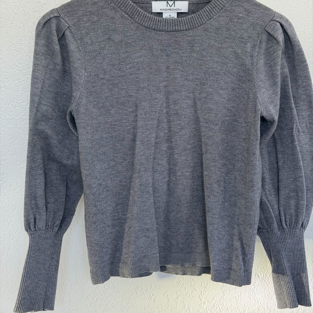 Magaschoni Gray Knit Sweater Size S Puff Sleeve Crewneck